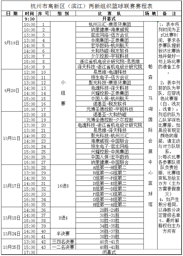 杭州市高新區(qū)（濱江）兩新組織籃球聯(lián)賽賽程表